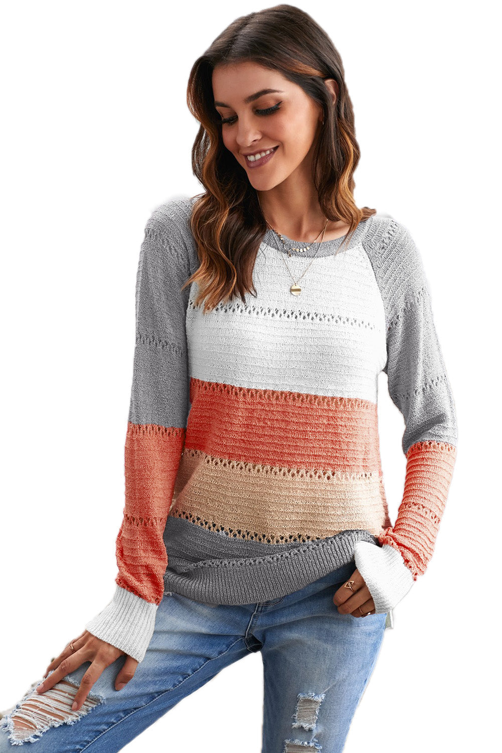 Gray Accent Knitted Color Block Long Sleeve Crew Neck Sweater