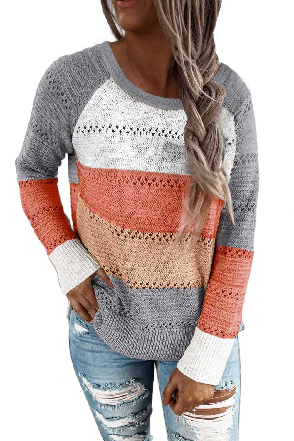 Gray Accent Knitted Color Block Long Sleeve Crew Neck Sweater