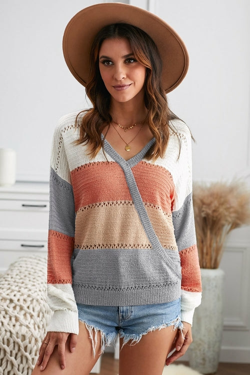 Wine Color Block Deep V Neck Wrap Sweater