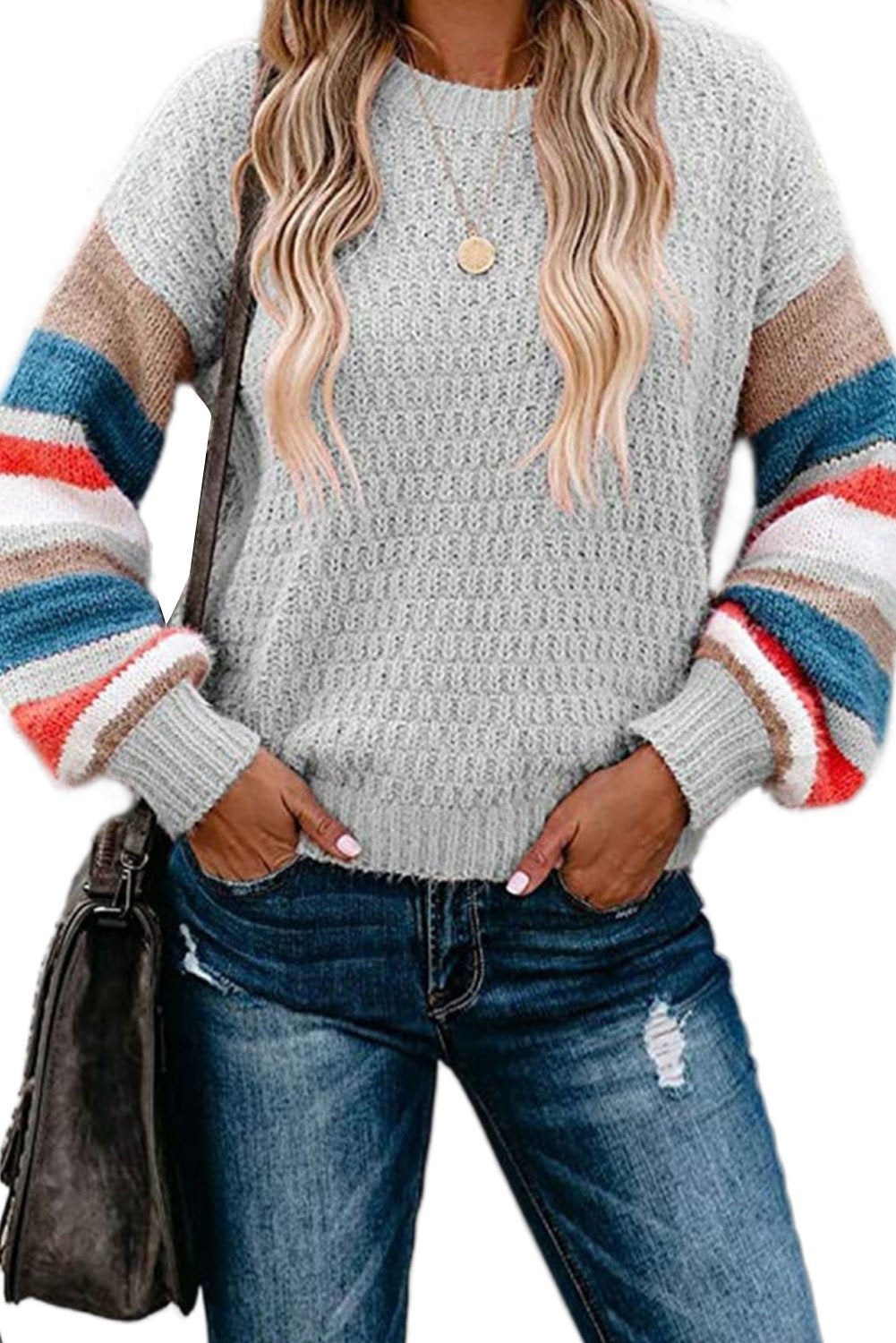 Crew Neck Lantern Sleeve Striped Color Block Sweater