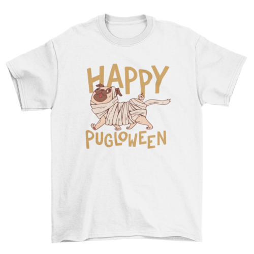 Halloween mummy dog cartoon with quote "Happy pugloween" t-shirt