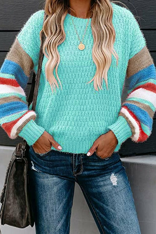 Crew Neck Lantern Sleeve Striped Color Block Sweater