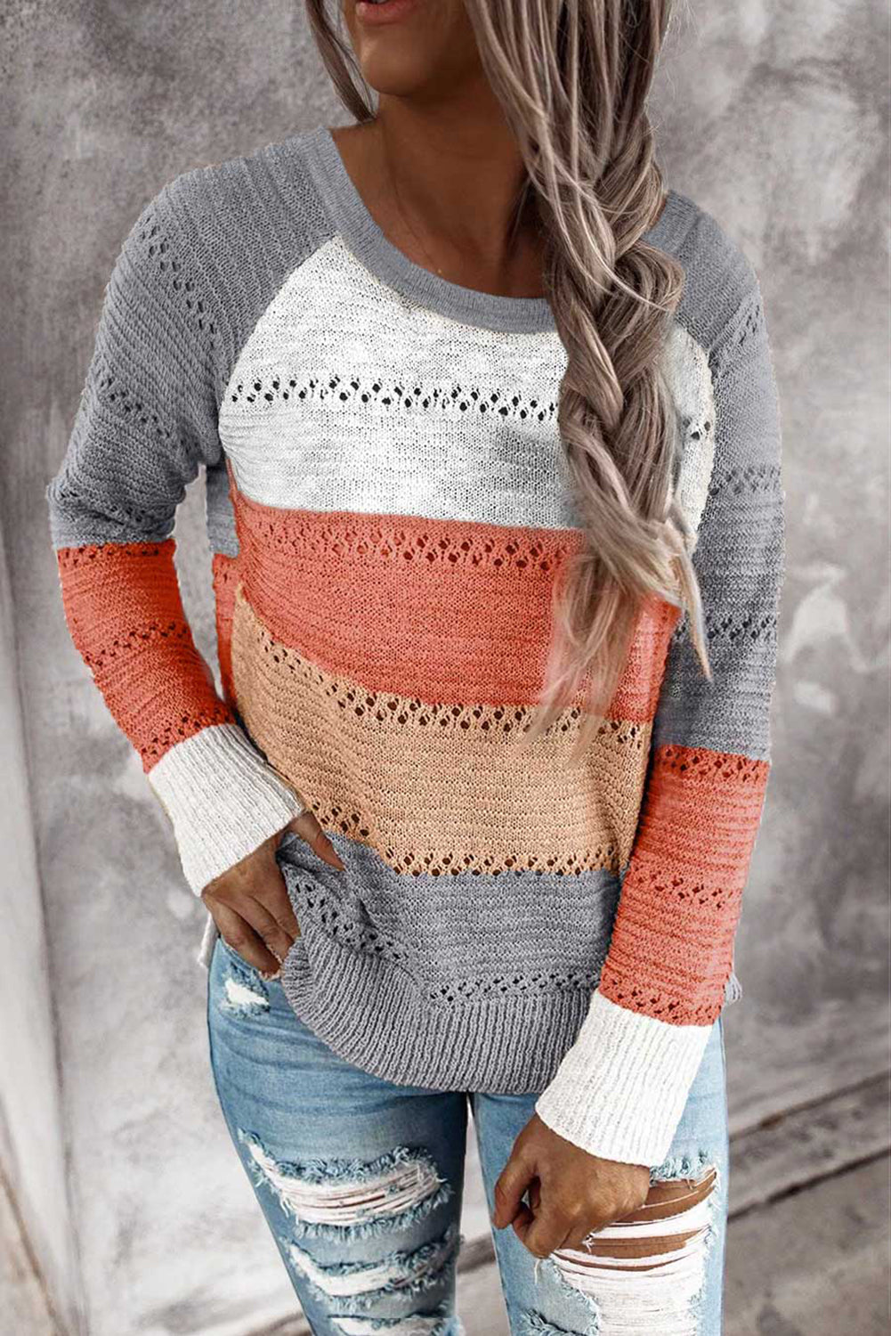 Gray Accent Knitted Color Block Long Sleeve Crew Neck Sweater