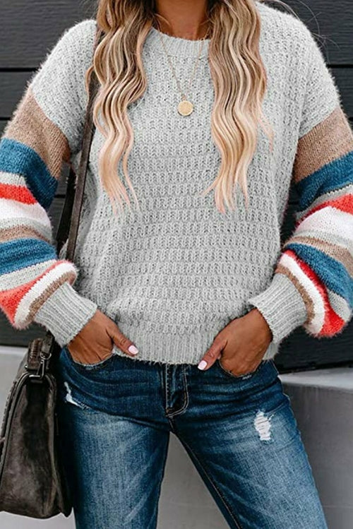 Crew Neck Lantern Sleeve Striped Color Block Sweater