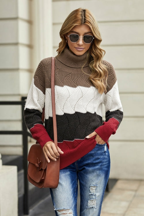 Turtle Neck Color Block Fluffy Twist Sweater