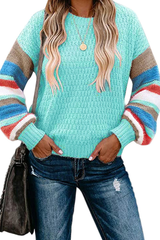 Crew Neck Lantern Sleeve Striped Color Block Sweater