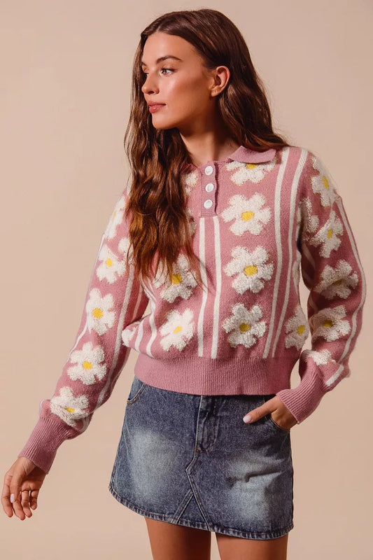 SO ME Floral Stripe Polo Collar Sweater