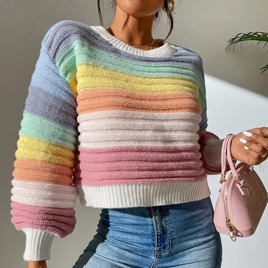 Autumn Winter Elegant Elegant Spliced Sweater Rainbow Striped Lantern