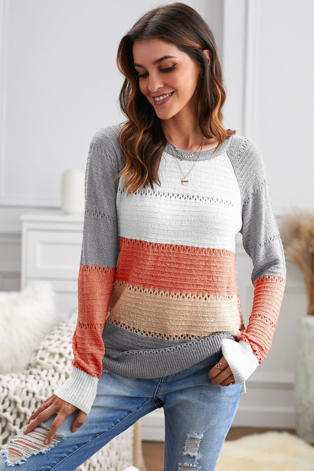 Gray Accent Knitted Color Block Long Sleeve Crew Neck Sweater