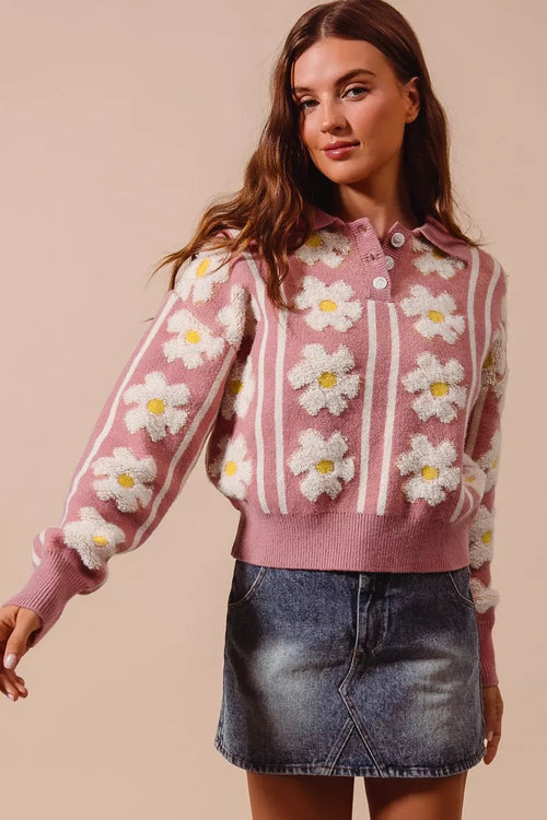 SO ME Floral Stripe Polo Collar Sweater
