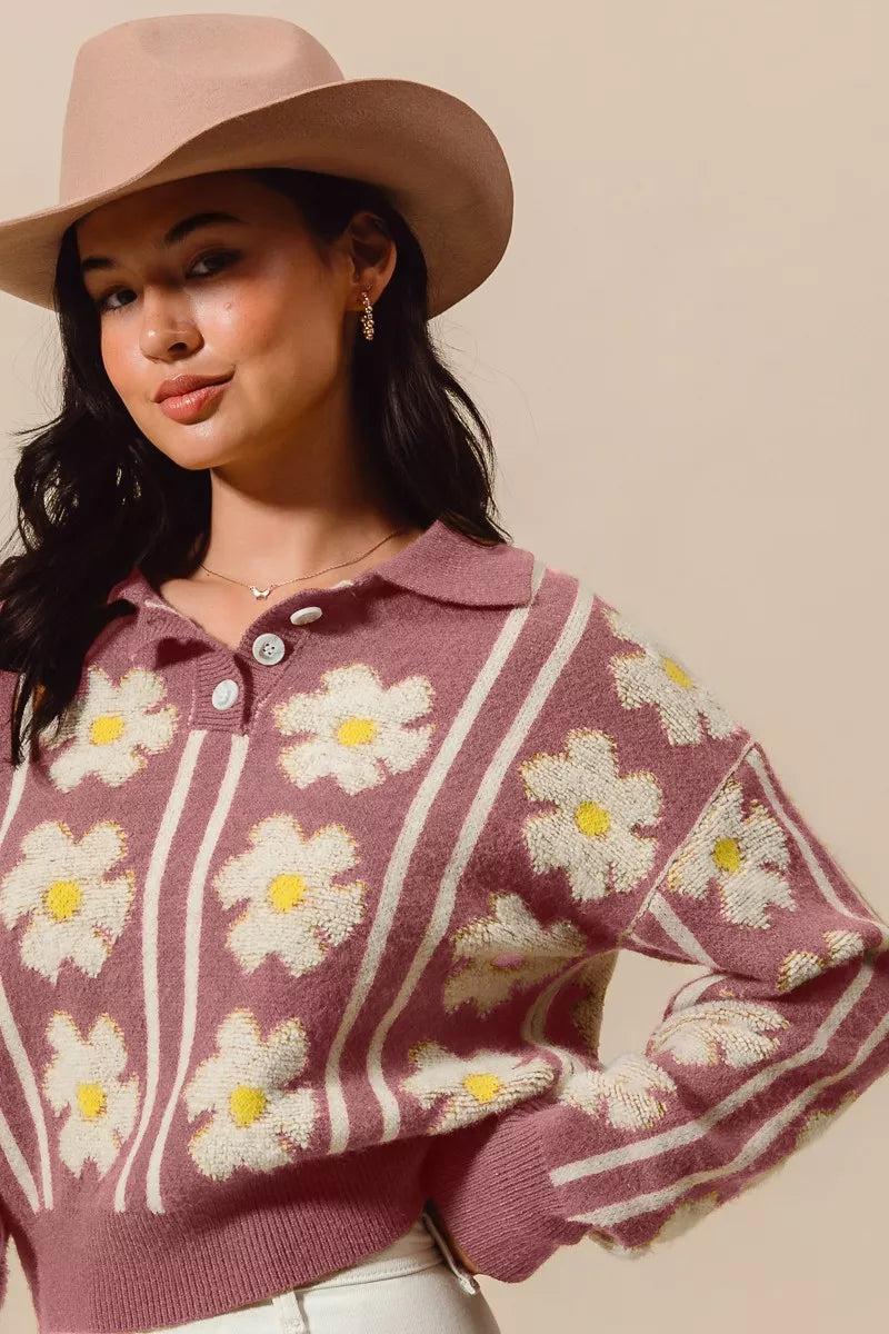 SO ME Floral Stripe Polo Collar Sweater