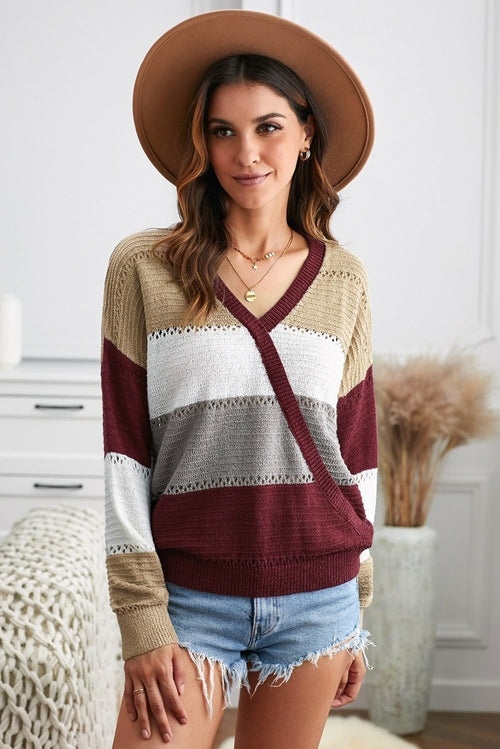 Wine Color Block Deep V Neck Wrap Sweater