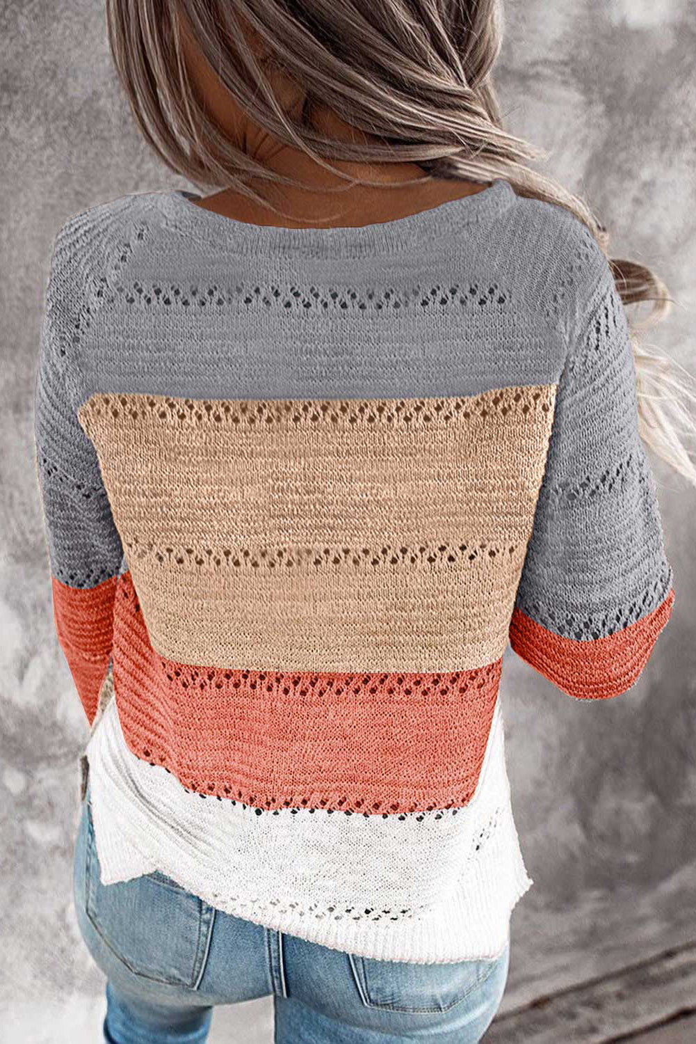 Gray Accent Knitted Color Block Long Sleeve Crew Neck Sweater