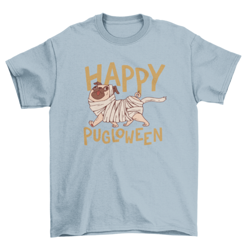 Halloween mummy dog cartoon with quote "Happy pugloween" t-shirt