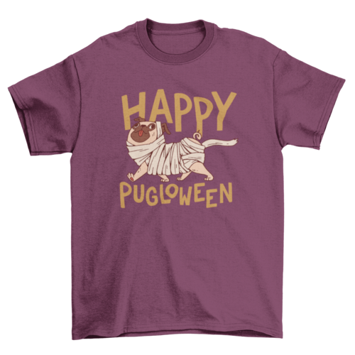 Halloween mummy dog cartoon with quote "Happy pugloween" t-shirt