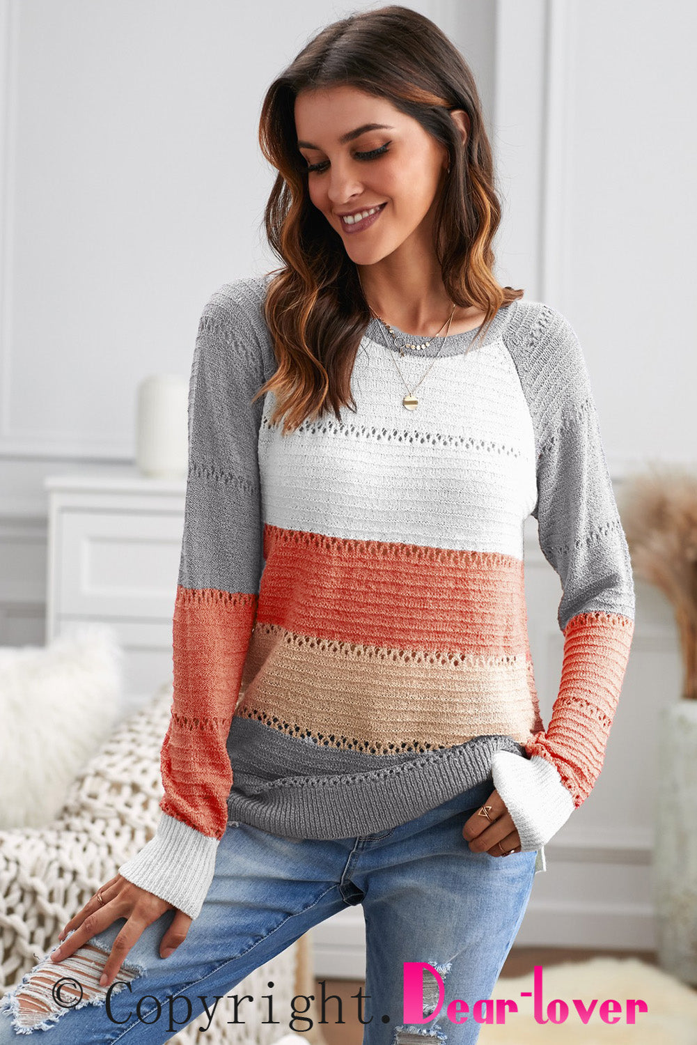 Gray Accent Knitted Color Block Long Sleeve Crew Neck Sweater
